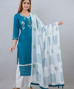 Women Turquoise Blue Ethic Motif Embroidered Kurta With Pant and Dupatta set