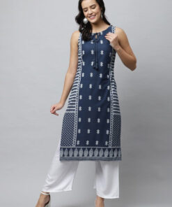 Women Blue & White Ethnic Motifs Printed Kurta