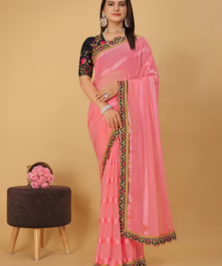 GLOBALIA CREATION Striped Georgette Saree with Embroidered Border