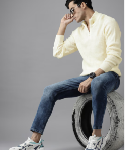 Men Cream-Coloured Self-Striped Pullover