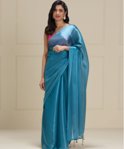 Blue Organza Solid-Plain with Tassels Party Wear Saree with Unstitched Blouse