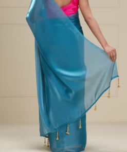 Blue Organza Solid-Plain with Tassels Party Wear Saree with Unstitched Blouse