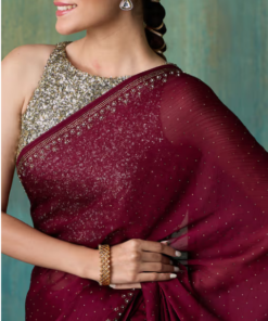 Wine Satin Solid Embellished and Sequined Saree with Unstitched Blouse