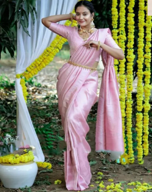 Baby Pink Soft Lichi Silk Saree With Zari Weaving Work