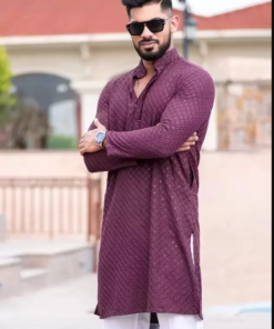 CRYTSAL REVENUE  Men Embroidered Cotton Rayon Straight Kurta  (Purple)