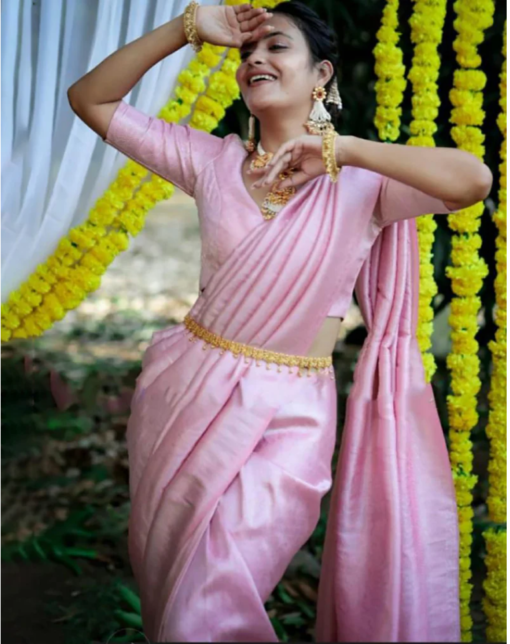 Baby Pink Soft Lichi Silk Saree With Zari Weaving Work