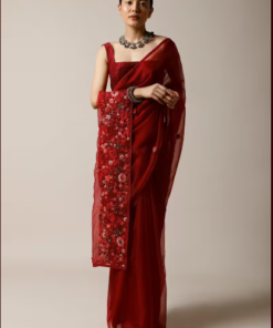 Apple Red Saree In Organza With Bud Embroidered Floral Buttis And Pallu Along With Unstitched Blouse