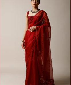 Apple Red Saree In Organza With Bud Embroidered Floral Buttis And Pallu Along With Unstitched Blouse