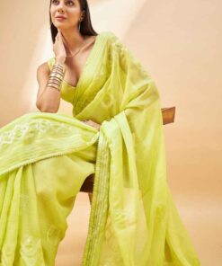 all about you Lime Green Embroidered Pure Chiffon Saree by Myntra