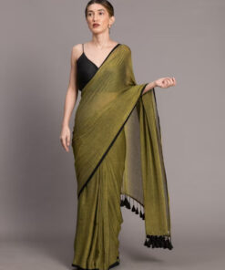 Olive Green & Black Solid Pure Cotton Saree