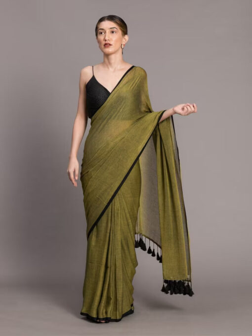 Olive Green & Black Solid Pure Cotton Saree