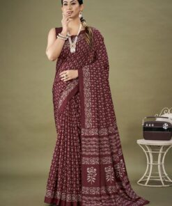 Womens Dola Silk Maroon Printed Designer Saree with Unstitched Blouse Piece