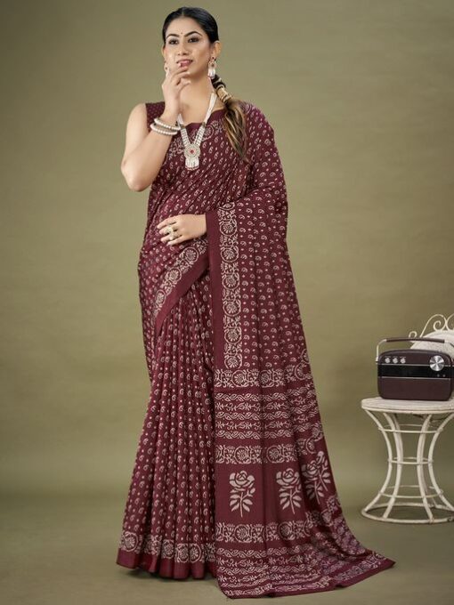 Womens Dola Silk Maroon Printed Designer Saree with Unstitched Blouse Piece