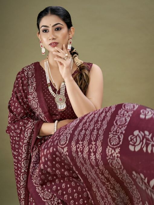 Womens Dola Silk Maroon Printed Designer Saree with Unstitched Blouse Piece