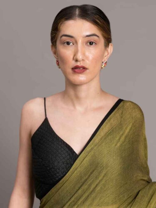 Olive Green & Black Solid Pure Cotton Saree