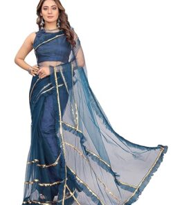 BARKIYA CREATION Women's Net Frill,Bollywood Saree With Unstiched Blouse Piece