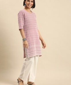 Women Pink & White Pure Cotton Embroidered Chikankari Kurta