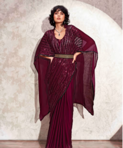 Wine Designer Sequined Kaftan Saree & Belt with Unstitched Blouse