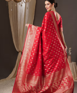 Womens Silk Blend Red Woven Design Saree with Unstitched Blouse