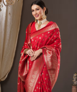 Womens Silk Blend Red Woven Design Saree with Unstitched Blouse