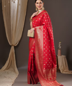 Womens Silk Blend Red Woven Design Saree with Unstitched Blouse