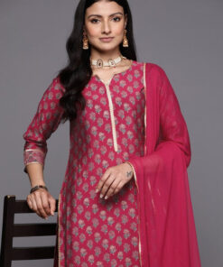 Women Magenta Floral Printed Gotta Patti Kurta with Palazzos & With Dupatta