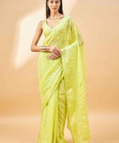 all about you Lime Green Embroidered Pure Chiffon Saree by Myntra