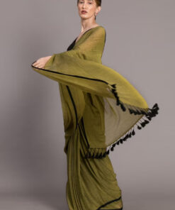 Olive Green & Black Solid Pure Cotton Saree