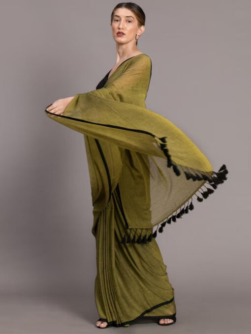 Olive Green & Black Solid Pure Cotton Saree