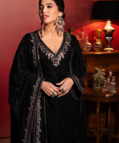 Embroidered Yoke Design Thread Work Straight Velvet Kurta With Trousers & Dupatta