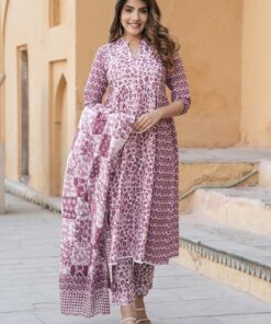 Ethnic Motifs Printed Empire Thread Work Pure Cotton Kurta with Trousers & Dupatta