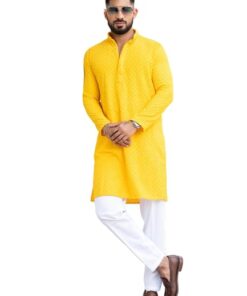 CRYSTAL REVENUE Men's Floral Embroidered Cotton Rich Traditional and Lakhnavi Ethnic Wear Straight Kurta Set