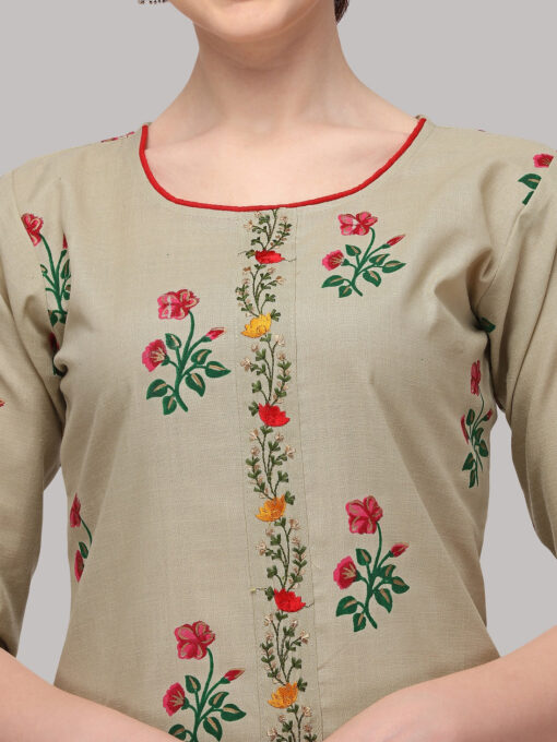 Beige Rubi Cotton Printed Embroidered Casual Wear Kurta Set