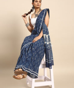 Ethnic Motifs Pure Cotton Block Print Indigo Saree