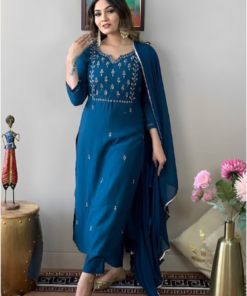 Ethnic Motifs Embroidered Thread Work Detail Straight Kurta & Trousers With Dupatta