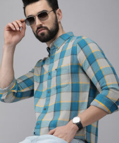 Men Grey & Teal Blue Slim Fit Checked Flannel Cotton Casual Shirt