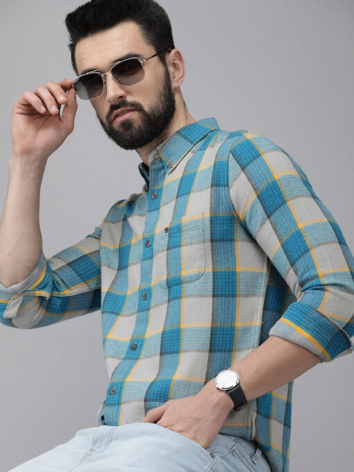 Men Grey & Teal Blue Slim Fit Checked Flannel Cotton Casual Shirt