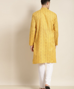 Mens Cotton Blend Mustard Printed Kurta & White Churidar Pyjama Set