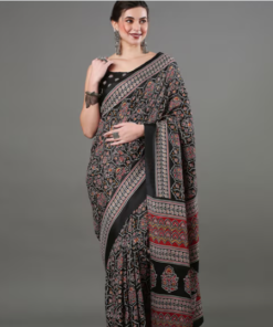 Akhilam Womens Dola Silk Black Digital Print Designer Saree with Unstitched Blouse