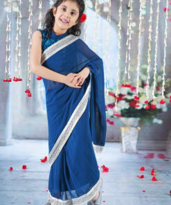 Girls Cotton Sleeveless Floral Embroidery Ready to wear Blouse with Ready to wear Georgette Saree