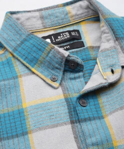 Men Grey & Teal Blue Slim Fit Checked Flannel Cotton Casual Shirt