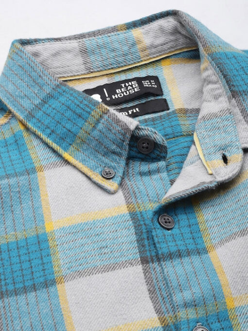 Men Grey & Teal Blue Slim Fit Checked Flannel Cotton Casual Shirt