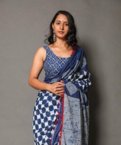 Shivanya Handicrafts Indigo Print Cotton Mulmul Saree for Women Attached Blouse Piece