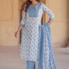 Women Cotton Straight Printed Kurta Pant and Dupatta Set