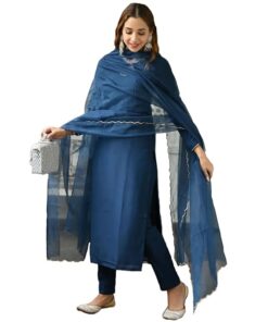 GoSriKi Women's Cotton Blend Solid Straight Kurta with Pant & Dupatta