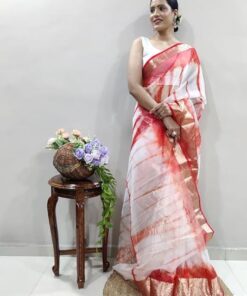 Women'S Organza Jacquard Border Saree With Unstitched Blouse Piece