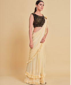 Beige & Black Sequinned Satin Saree