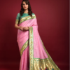 Baby pink color paithani silk saree with zari weaving work