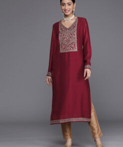 Women Maroon Ethnic Motifs Embroidered Embellished Yoke Design Kurta