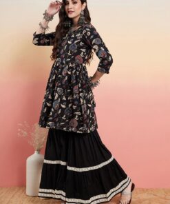 Floral Printed Pure Cotton Anarkali Kurti With Sharara